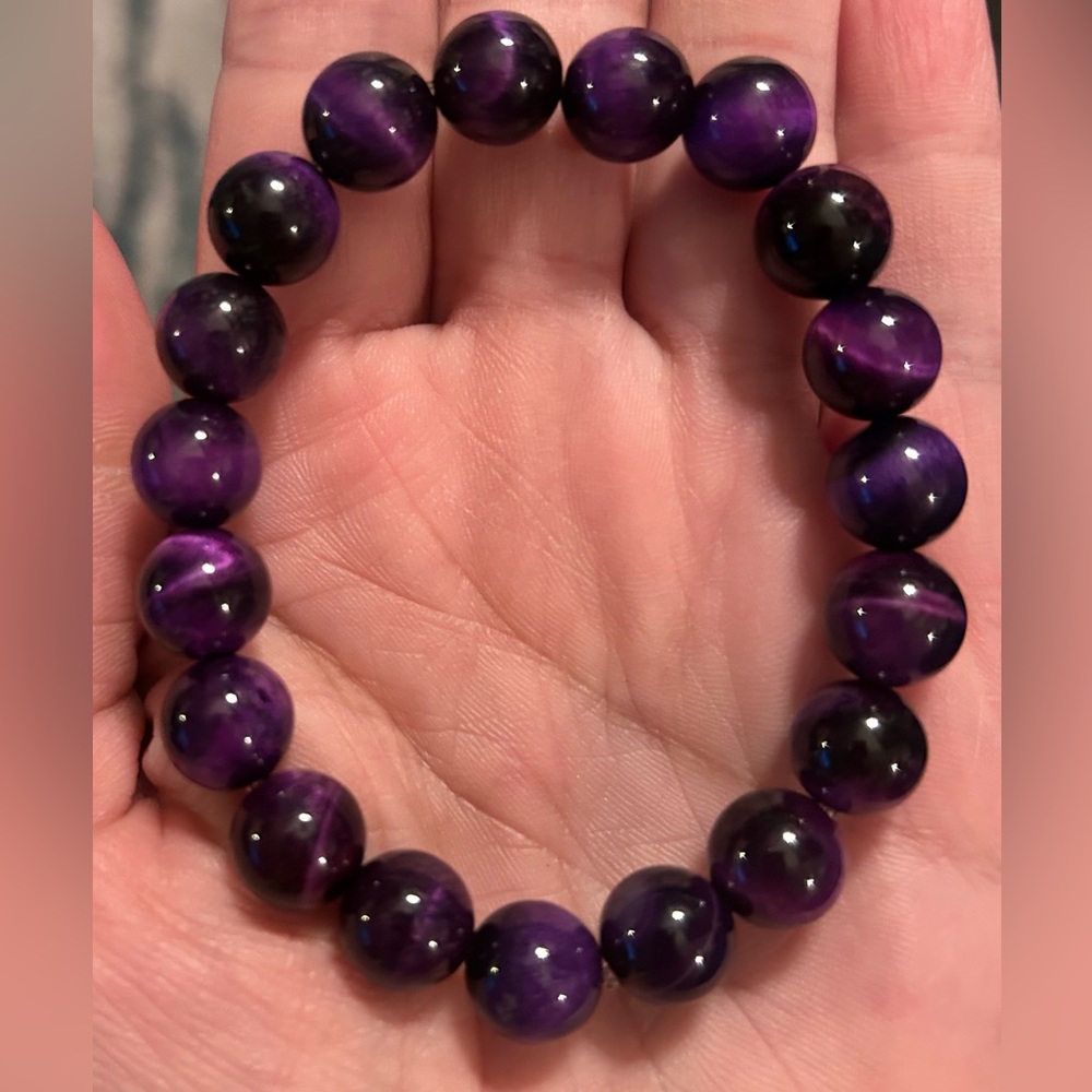 Handmade 10mm Genuine Purple Tiger Eye Beaded Stretch Bracelet